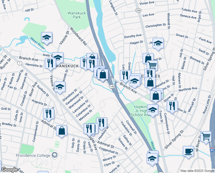 map of restaurants, bars, coffee shops, grocery stores, and more near Branch Avenue in Providence