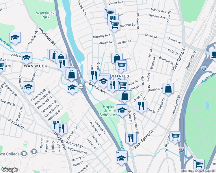 map of restaurants, bars, coffee shops, grocery stores, and more near 521 Branch Avenue in Providence
