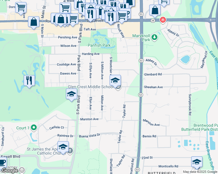 map of restaurants, bars, coffee shops, grocery stores, and more near 725 Sheehan Avenue in Glen Ellyn