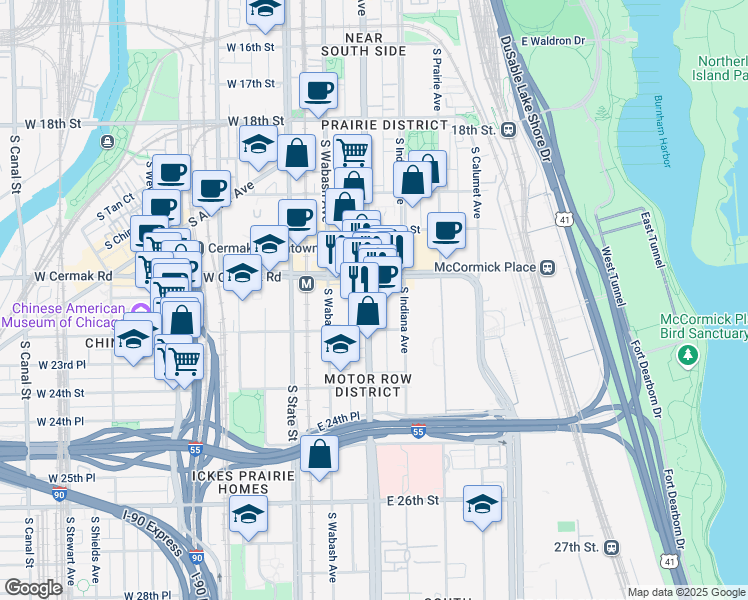 map of restaurants, bars, coffee shops, grocery stores, and more near 2246 South Michigan Avenue in Chicago