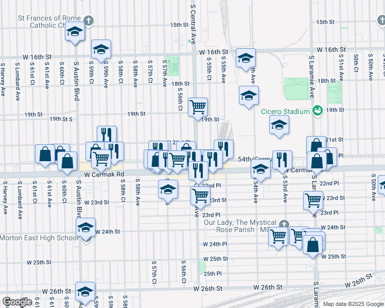 map of restaurants, bars, coffee shops, grocery stores, and more near 2114 South Central Avenue in Cicero