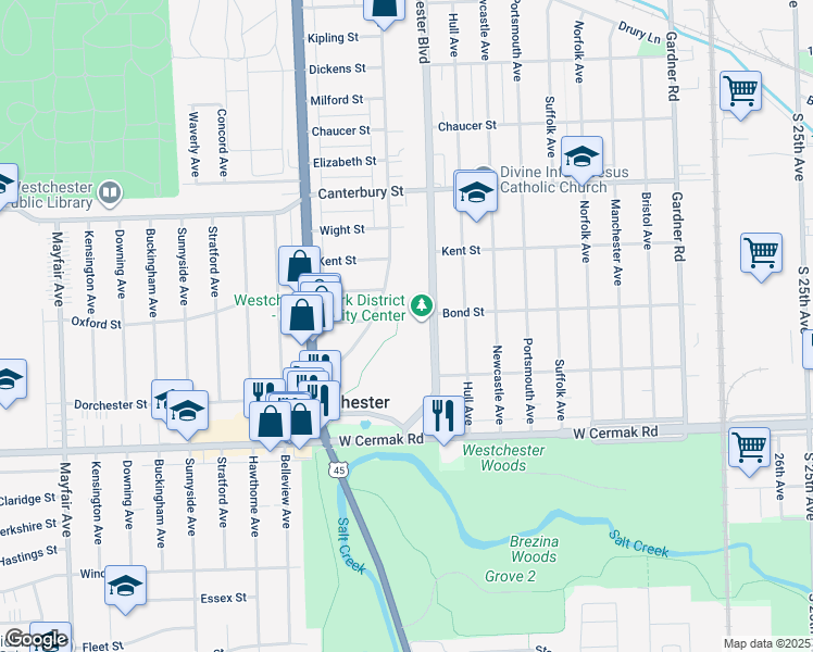 map of restaurants, bars, coffee shops, grocery stores, and more near 10201 Bond Street in Westchester