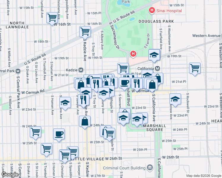 map of restaurants, bars, coffee shops, grocery stores, and more near 3032 West Cermak Road in Chicago
