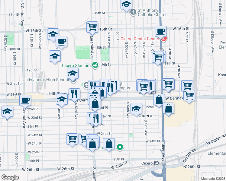 map of restaurants, bars, coffee shops, grocery stores, and more near 5104 West Cermak Road in Cicero