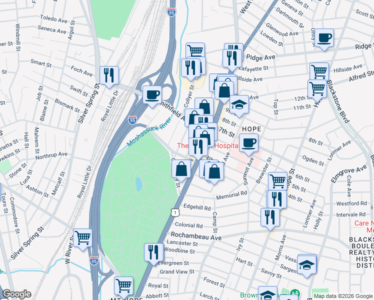 map of restaurants, bars, coffee shops, grocery stores, and more near 1140 North Main Street in Providence