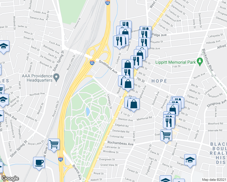 map of restaurants, bars, coffee shops, grocery stores, and more near 1140 North Main Street in Providence