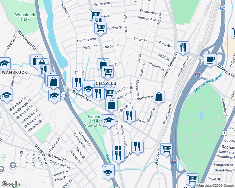 map of restaurants, bars, coffee shops, grocery stores, and more near 306 Hawkins Street in Providence