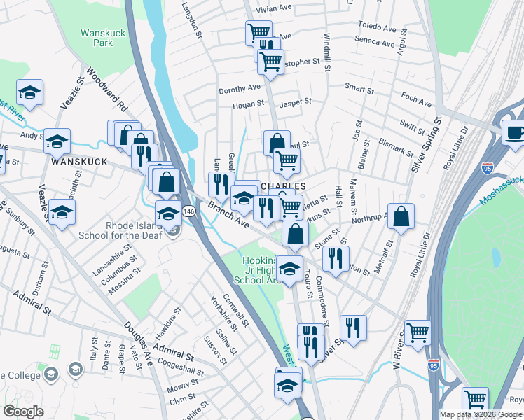 map of restaurants, bars, coffee shops, grocery stores, and more near 2 Russo Street in Providence