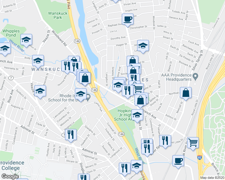 map of restaurants, bars, coffee shops, grocery stores, and more near 550 Branch Avenue in Providence