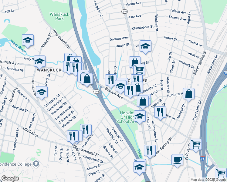 map of restaurants, bars, coffee shops, grocery stores, and more near 550 Branch Avenue in Providence