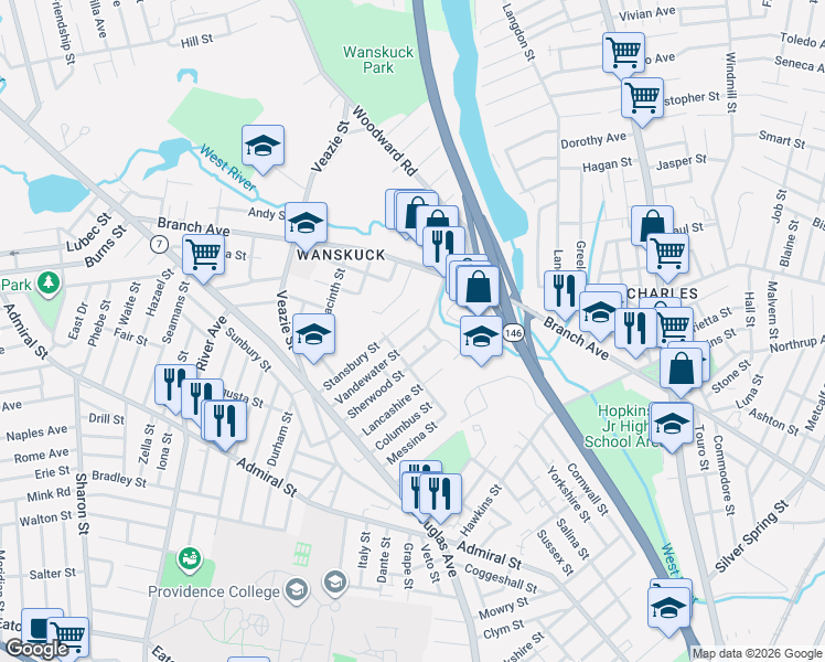 map of restaurants, bars, coffee shops, grocery stores, and more near 106 Sherwood Street in Providence