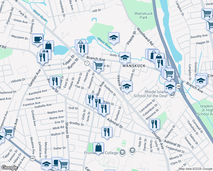 map of restaurants, bars, coffee shops, grocery stores, and more near 88 Gloucester Street in Providence