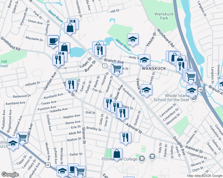 map of restaurants, bars, coffee shops, grocery stores, and more near 27 Crandall Street in Providence