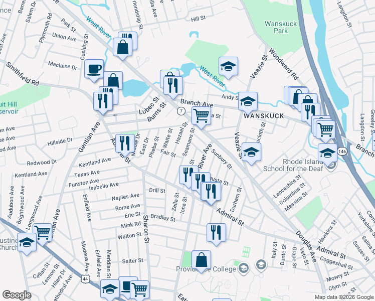 map of restaurants, bars, coffee shops, grocery stores, and more near 27 Crandall Street in Providence