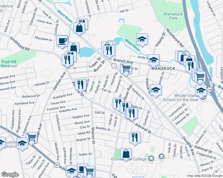 map of restaurants, bars, coffee shops, grocery stores, and more near 49 Hazael Street in Providence