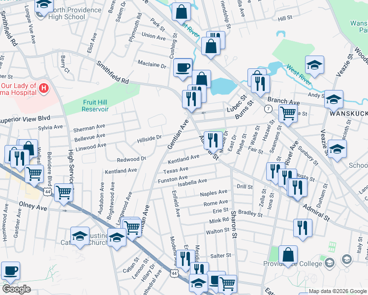map of restaurants, bars, coffee shops, grocery stores, and more near 81 Kentland Avenue in Providence