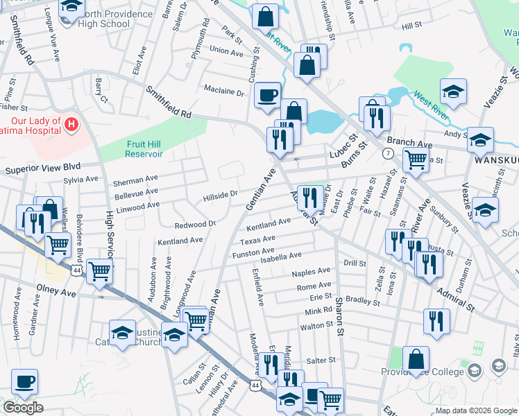 map of restaurants, bars, coffee shops, grocery stores, and more near 81 Kentland Avenue in Providence