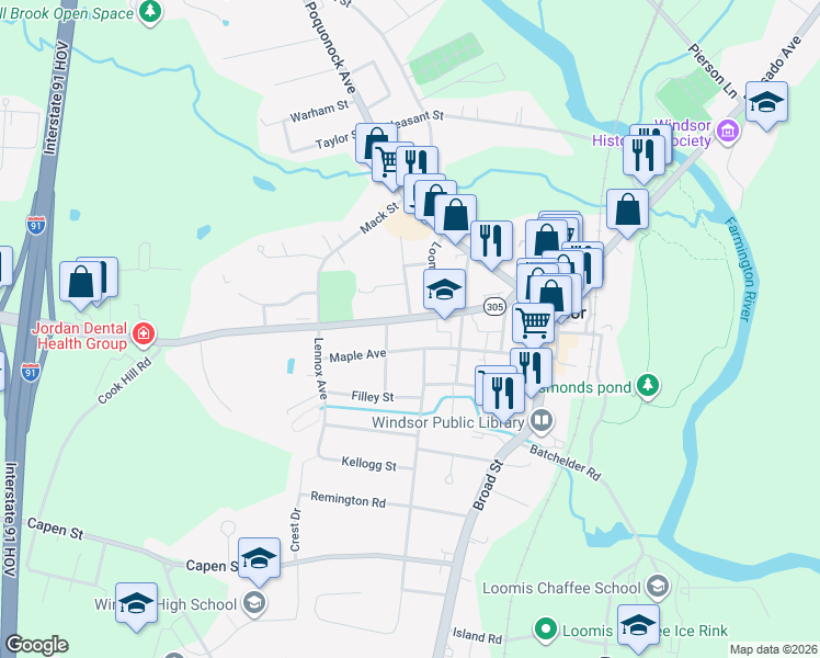 map of restaurants, bars, coffee shops, grocery stores, and more near 113 Maple Avenue in Windsor