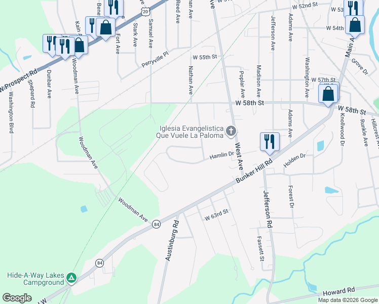 map of restaurants, bars, coffee shops, grocery stores, and more near 1249 Hamlin Drive in Ashtabula