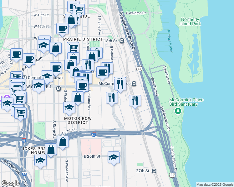 map of restaurants, bars, coffee shops, grocery stores, and more near 2301 South King Drive in Chicago