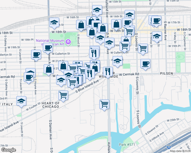 map of restaurants, bars, coffee shops, grocery stores, and more near 2243 South Blue Island Avenue in Chicago