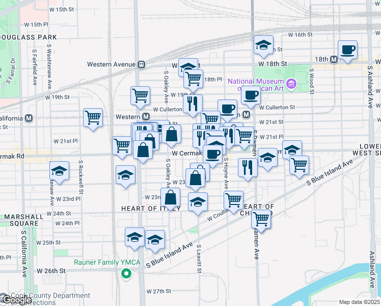 map of restaurants, bars, coffee shops, grocery stores, and more near 2218 South Leavitt Street in Chicago