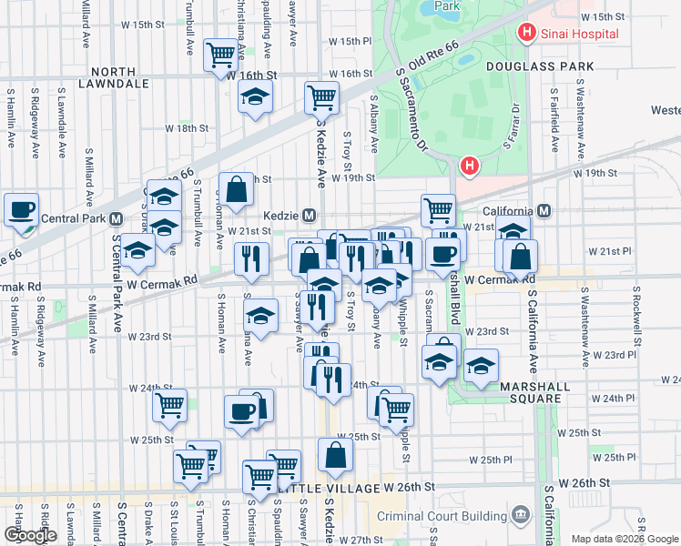 map of restaurants, bars, coffee shops, grocery stores, and more near 3153 South Kedzie Avenue in Chicago