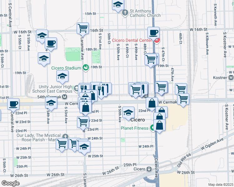 map of restaurants, bars, coffee shops, grocery stores, and more near 5016 West Cermak Road in Cicero