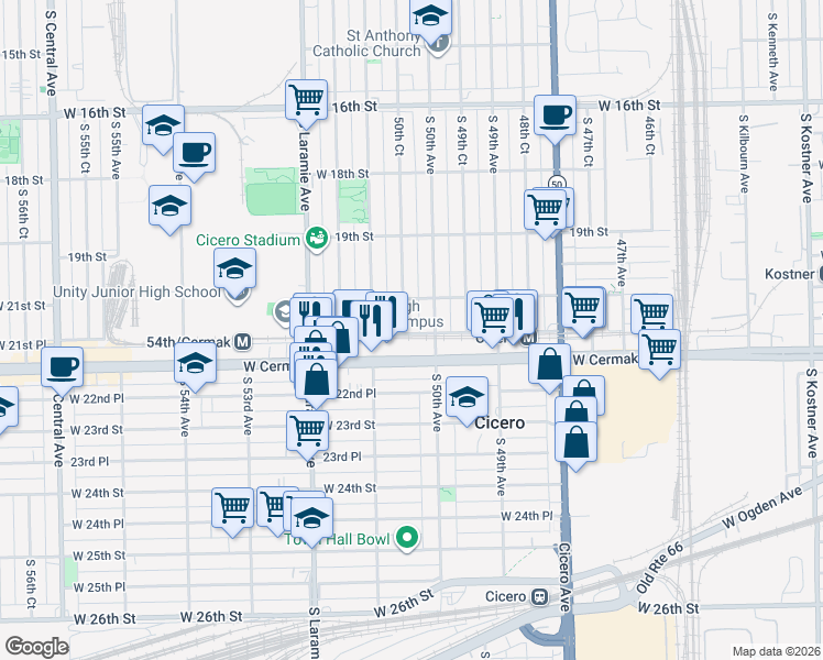 map of restaurants, bars, coffee shops, grocery stores, and more near 5016 West Cermak Road in Cicero