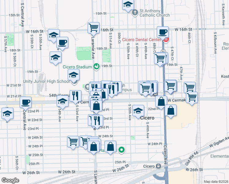 map of restaurants, bars, coffee shops, grocery stores, and more near 5104 West Cermak Road in Cicero