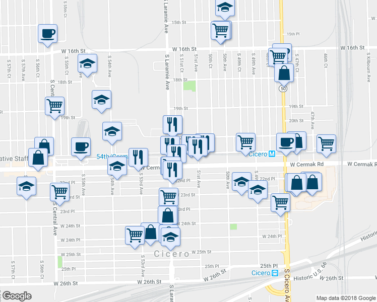 map of restaurants, bars, coffee shops, grocery stores, and more near 5134 West Cermak Road in Cicero