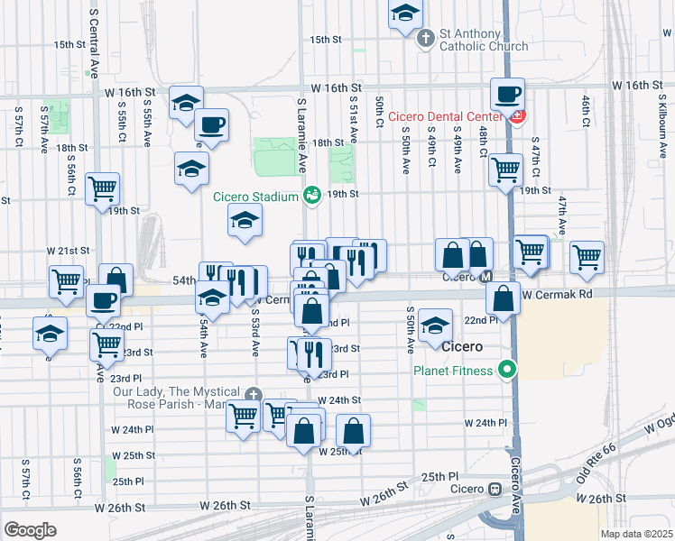 map of restaurants, bars, coffee shops, grocery stores, and more near 5134 West Cermak Road in Cicero