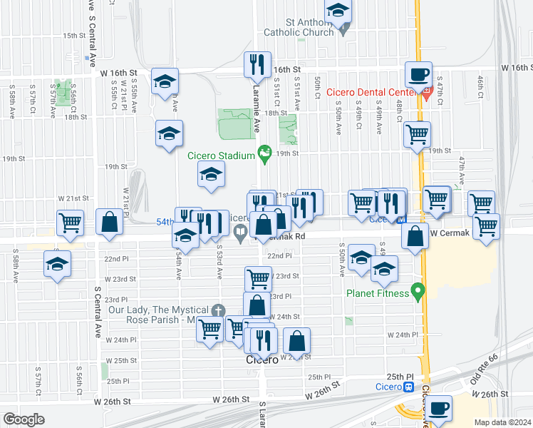 map of restaurants, bars, coffee shops, grocery stores, and more near 5134 West Cermak Road in Cicero