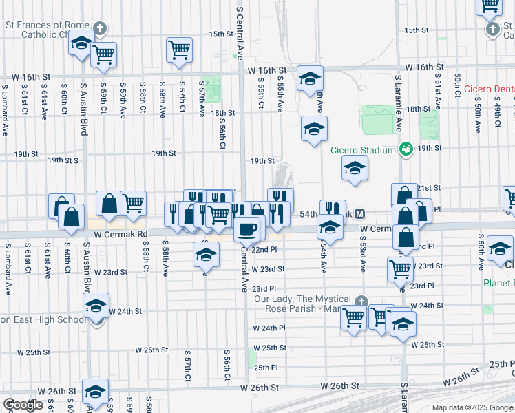 map of restaurants, bars, coffee shops, grocery stores, and more near in Cicero