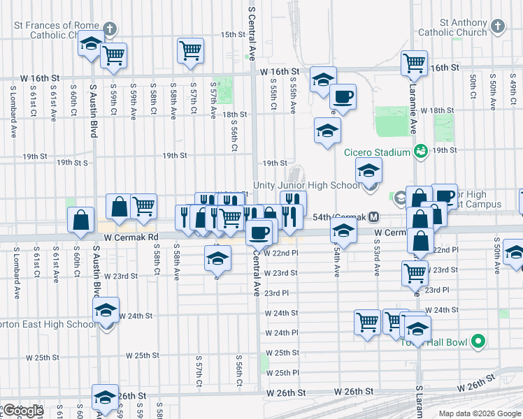 map of restaurants, bars, coffee shops, grocery stores, and more near in Cicero