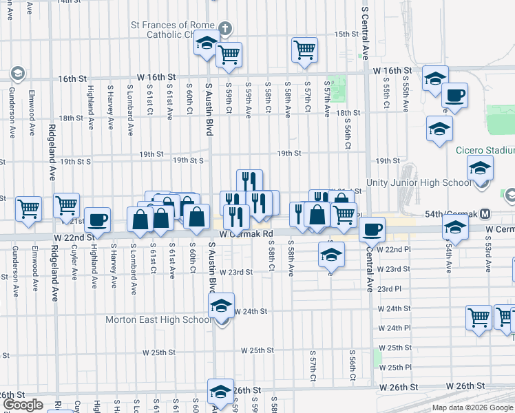 map of restaurants, bars, coffee shops, grocery stores, and more near 2129 South 59th Avenue in Cicero