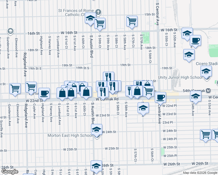 map of restaurants, bars, coffee shops, grocery stores, and more near 2129 South 59th Avenue in Cicero