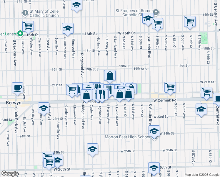 map of restaurants, bars, coffee shops, grocery stores, and more near 2130 South Harvey Avenue in Berwyn