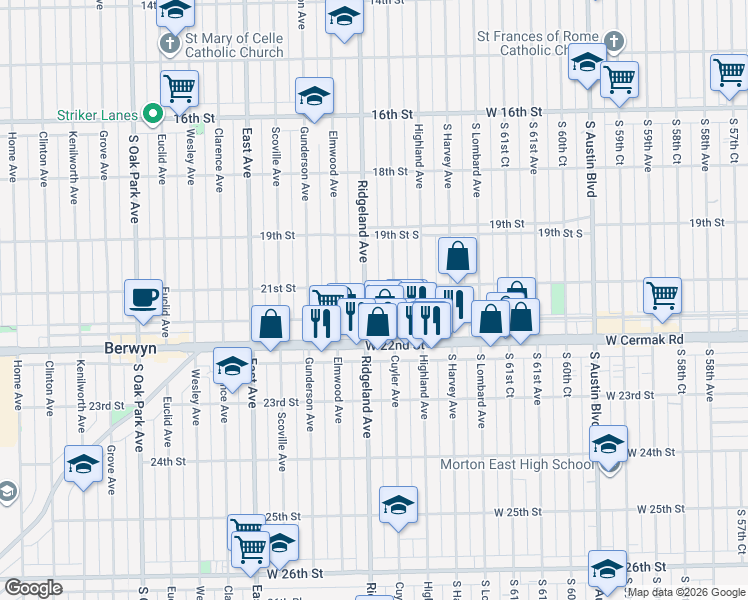 map of restaurants, bars, coffee shops, grocery stores, and more near in Berwyn