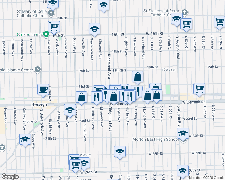 map of restaurants, bars, coffee shops, grocery stores, and more near in Berwyn