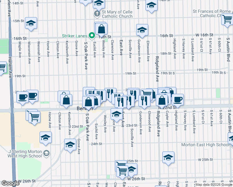 map of restaurants, bars, coffee shops, grocery stores, and more near 2126 East Avenue in Berwyn