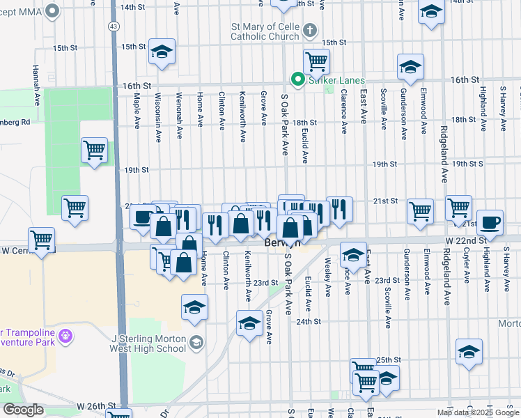 map of restaurants, bars, coffee shops, grocery stores, and more near 2124 Grove Avenue in Berwyn