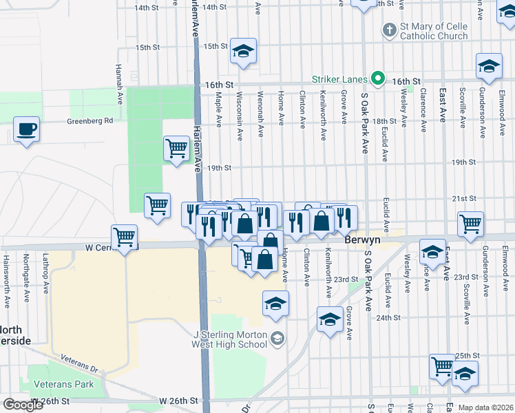 map of restaurants, bars, coffee shops, grocery stores, and more near 2119 Wenonah Avenue in Berwyn