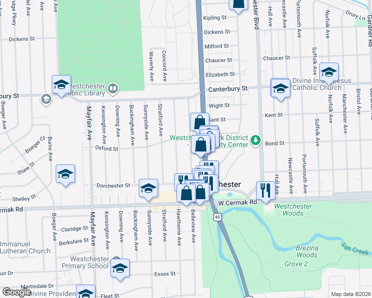 map of restaurants, bars, coffee shops, grocery stores, and more near 1908 Belleview Avenue in Westchester