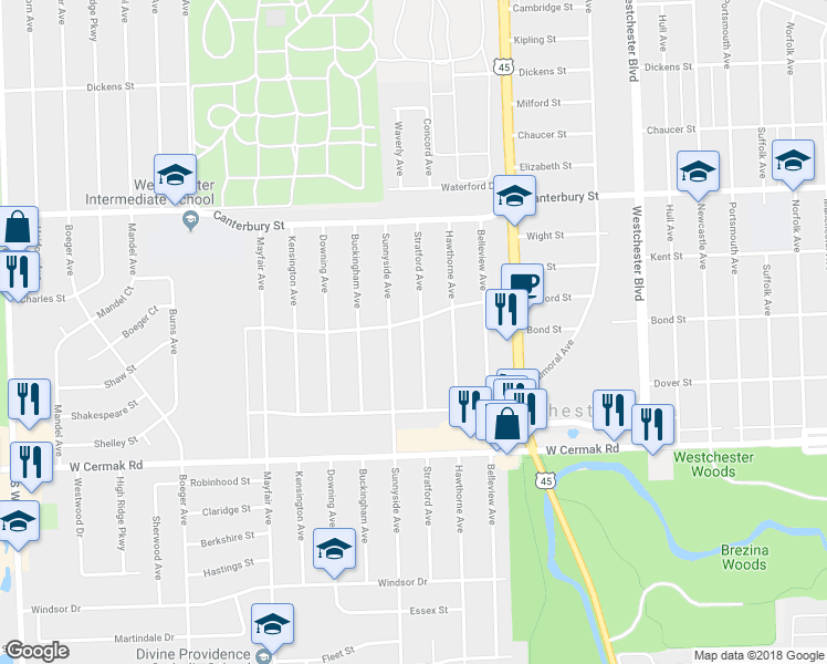 map of restaurants, bars, coffee shops, grocery stores, and more near 1875 Sunnyside Avenue in Westchester
