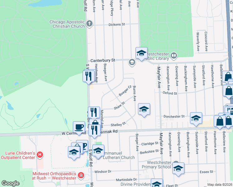 map of restaurants, bars, coffee shops, grocery stores, and more near 1847 Boeger Avenue in Westchester