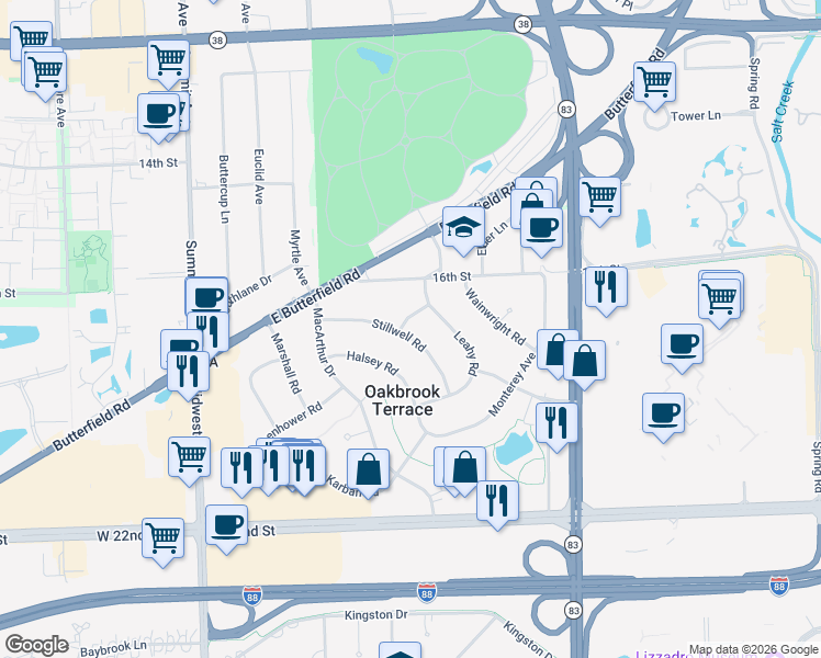 map of restaurants, bars, coffee shops, grocery stores, and more near 17W257 Stillwell Road in Oakbrook Terrace