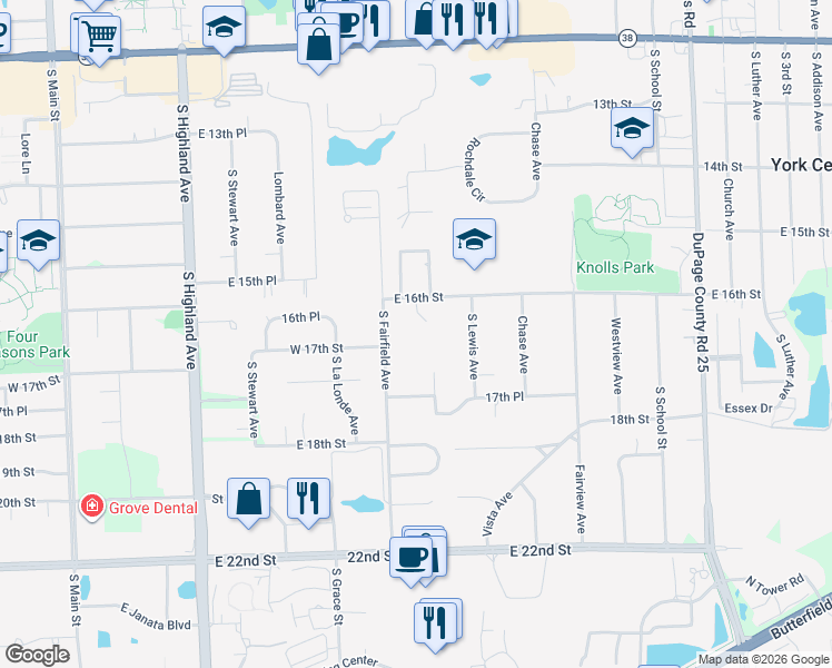 map of restaurants, bars, coffee shops, grocery stores, and more near 1701 South Fairfield Avenue in Lombard