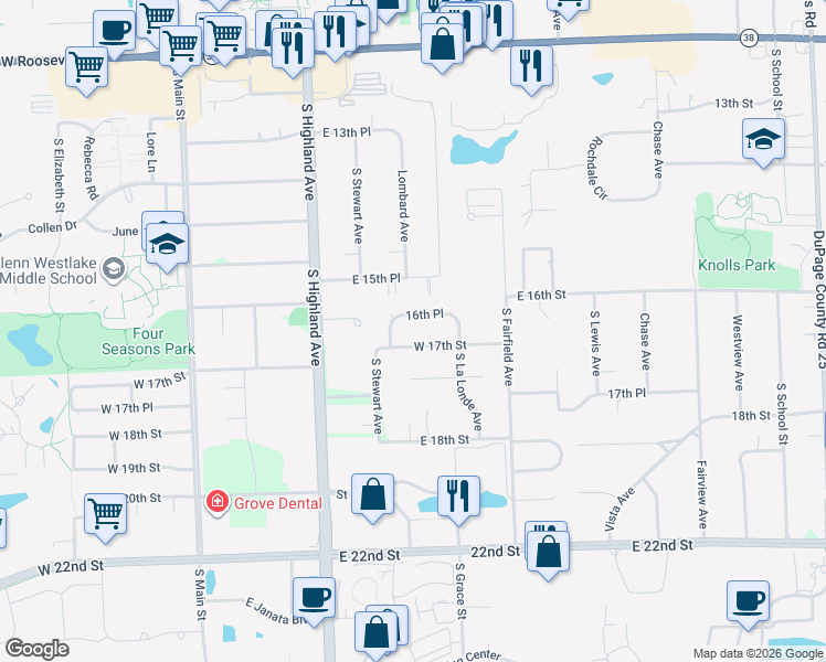 map of restaurants, bars, coffee shops, grocery stores, and more near 377 West 17th Street in Lombard