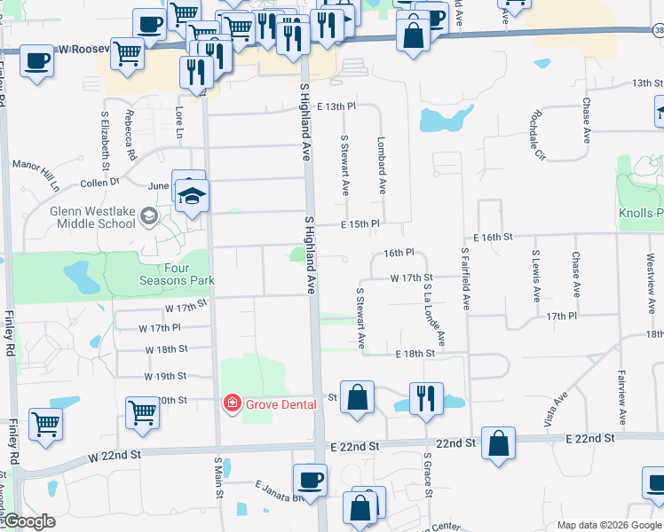 map of restaurants, bars, coffee shops, grocery stores, and more near 165 South Highland Avenue in Lombard
